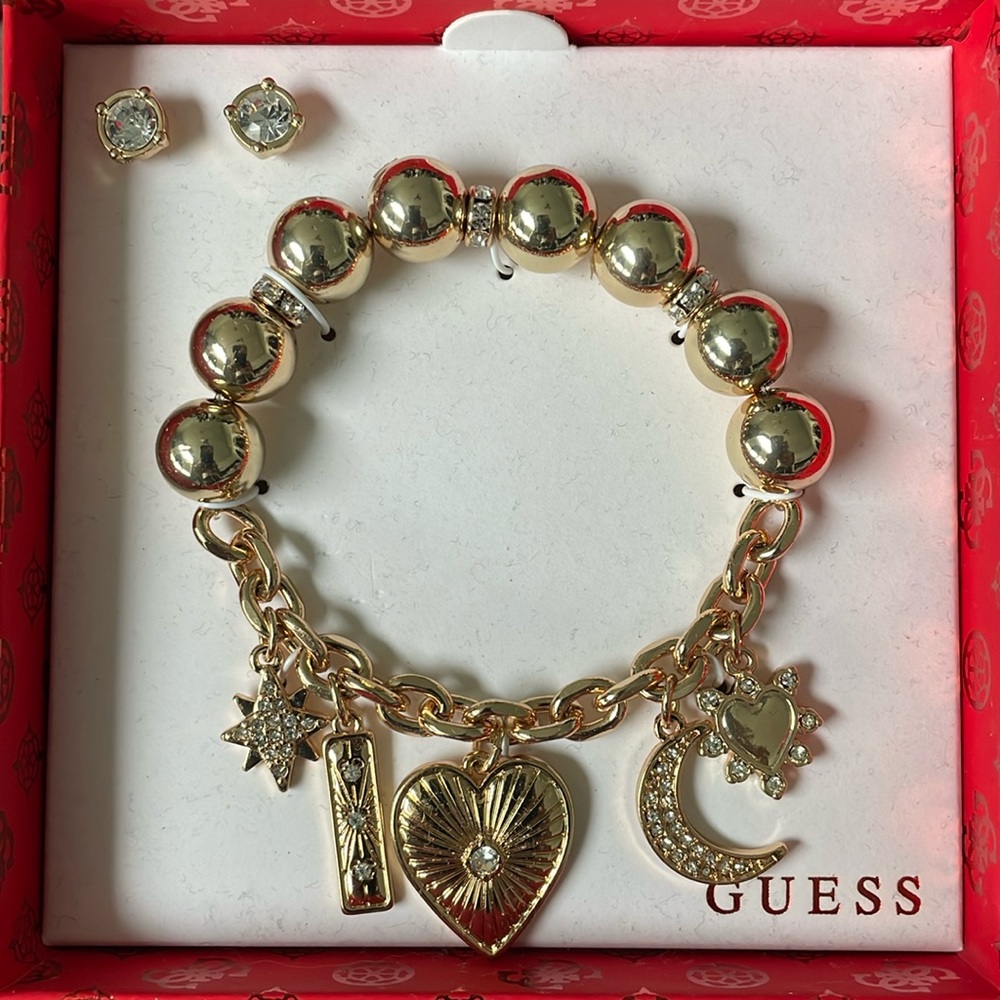 Guess bracelet with charms and stud earrings NWT